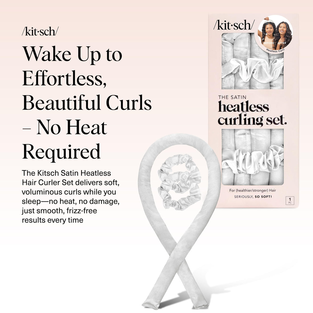 Kitsch Satin Heatless Curlers Set – Heatless Curls Overnight w/ 34" Hair Waver & 2 Satin Hair Scrunchies, Comfortable Hair Curlers to Sleep In for Frizz-Free, No Heat Damage Styling - Ivory 🍁 All In One Marketplace Canada