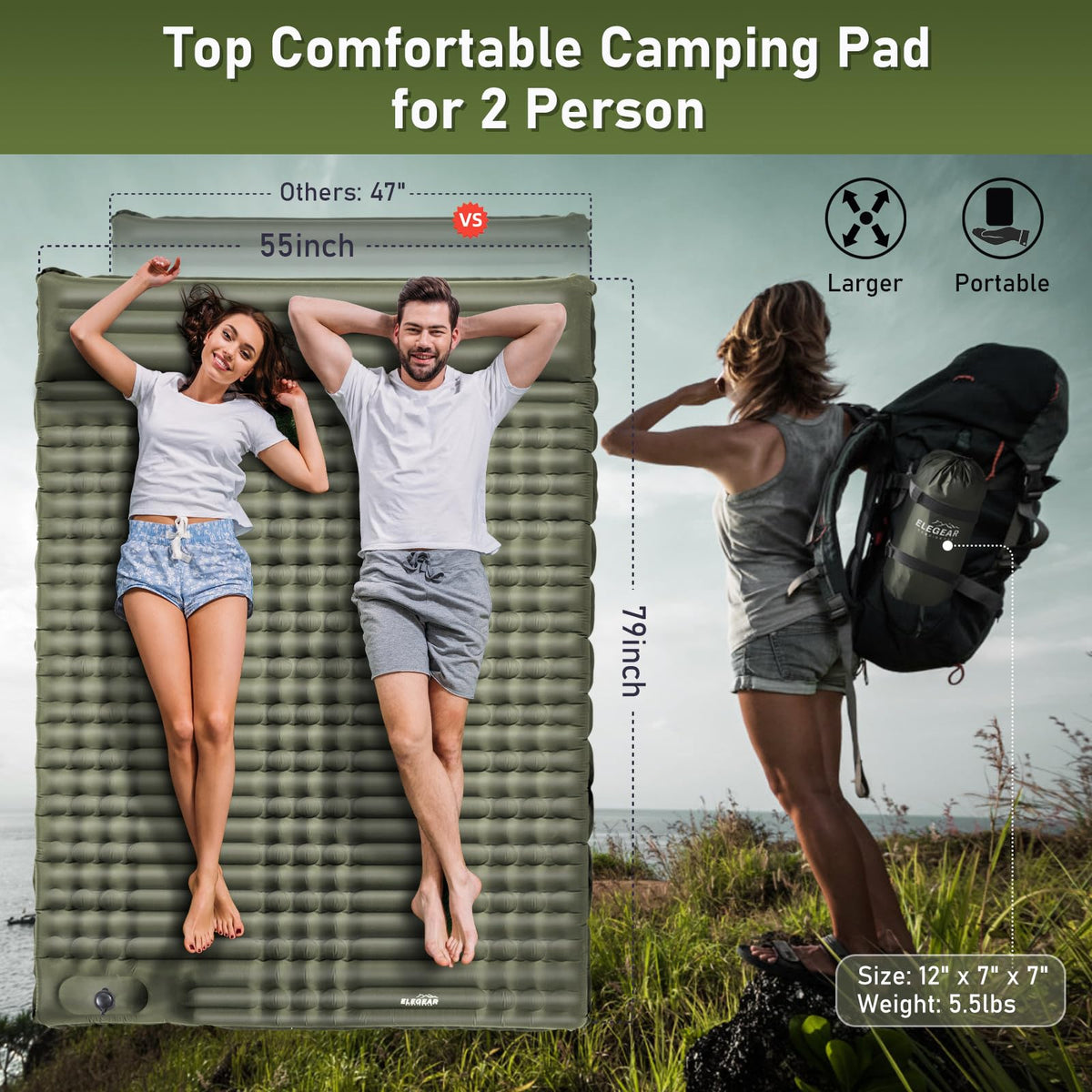 Double Camping Sleeping Pad 5.5", Elegear CumbreX™Self Inflating Air Sleeping Mats with Pillow Built-in Foot Pump, Inflatable Camping Mattress Compact for Tent,Cot Backpacking,Hiking,Camp,Travel,Green 🍁 All In One Marketplace Canada