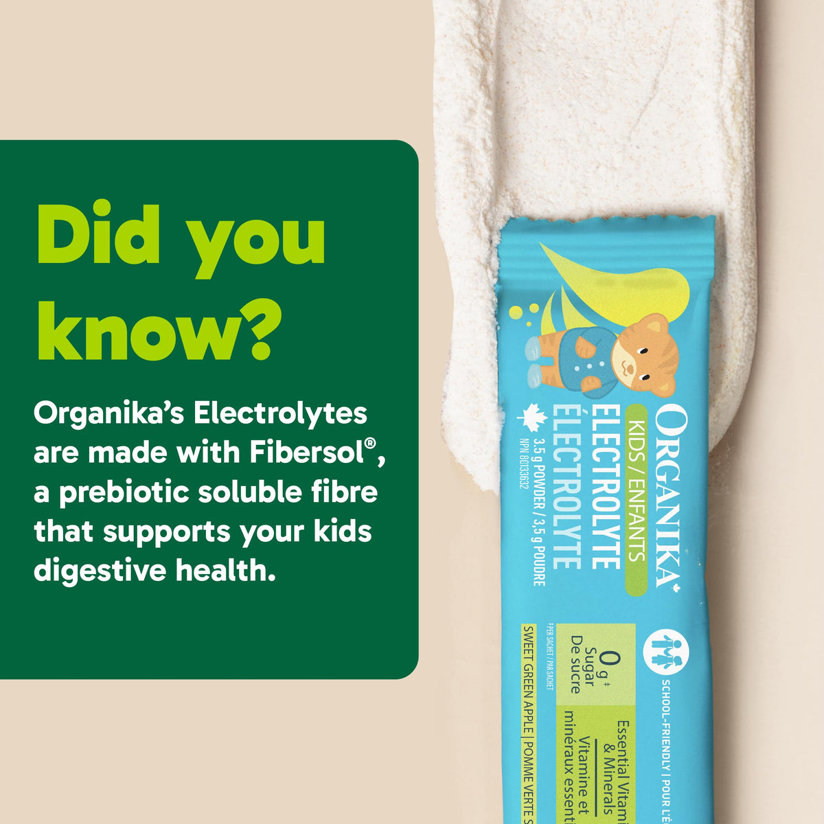 Organika Kids Electrolytes Powder Sticks - Sugar-Free Hydration + Immune support with 100% of daily Vitamin C, Minerals and Prebiotic Fibre | Green Apple Flavour - 3.5g x 20 sachets 🍁 All In One Marketplace Canada