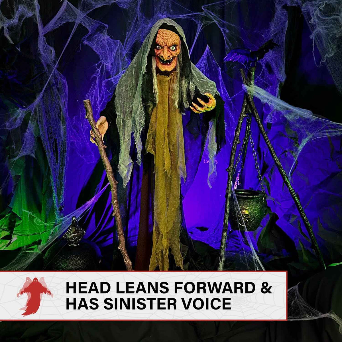 Haunted Hill Farm Life-Size Scary Poseable Talking Witch, Halloween Animatronic with Touch Activated Lights and Sound, Battery Operated Indoor or Covered Outdoor Halloween Decorations, Halloween Prop