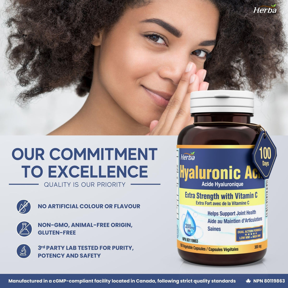 Herba Hyaluronic Acid Supplement 200mg - 100 Capsules | 100% Purity Hyaluronic Acid Capsules with Vitamin C to Support Joint and Bone Health | Made in Canada 🍁 All In One Marketplace Canada