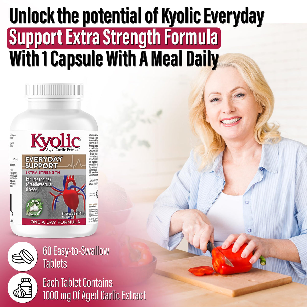 Kyolic - Odourless Aged Garlic Extract Everyday Support Extra Strength One-A-Day 1000mg, 60 Veg Tablets 60-Day Supply - Kyolic Garlic Supplements, Garlic Pills - Herbal Supplement for Wellness Support 🍁 All In One Marketplace Canada