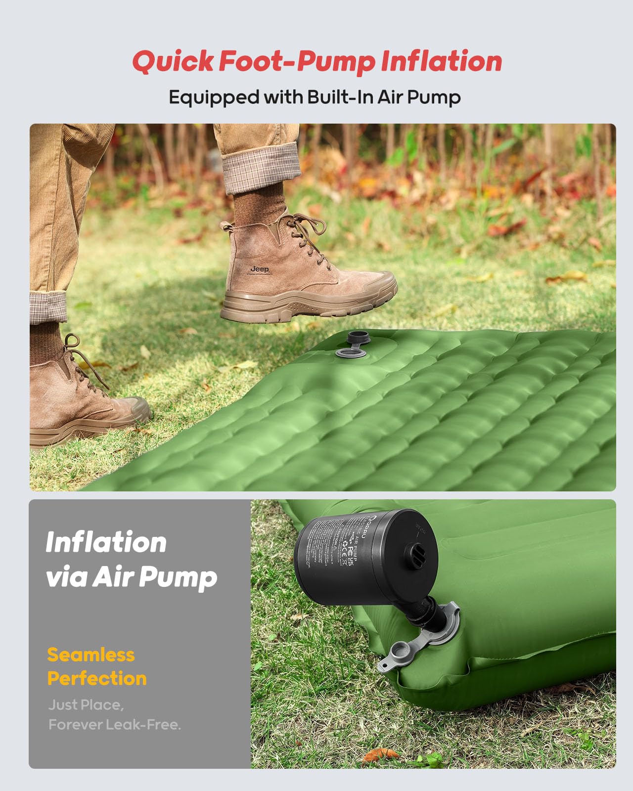QPAU Camping Sleeping Pad, 2 Person Camping Mat, Enhanced Support for Healthy, with Built-in Foot Pump, 4.7 Inch Durable Sleeping Mattress for Camping, Hiking and Home (Pine Green) 🍁 All In One Marketplace Canada