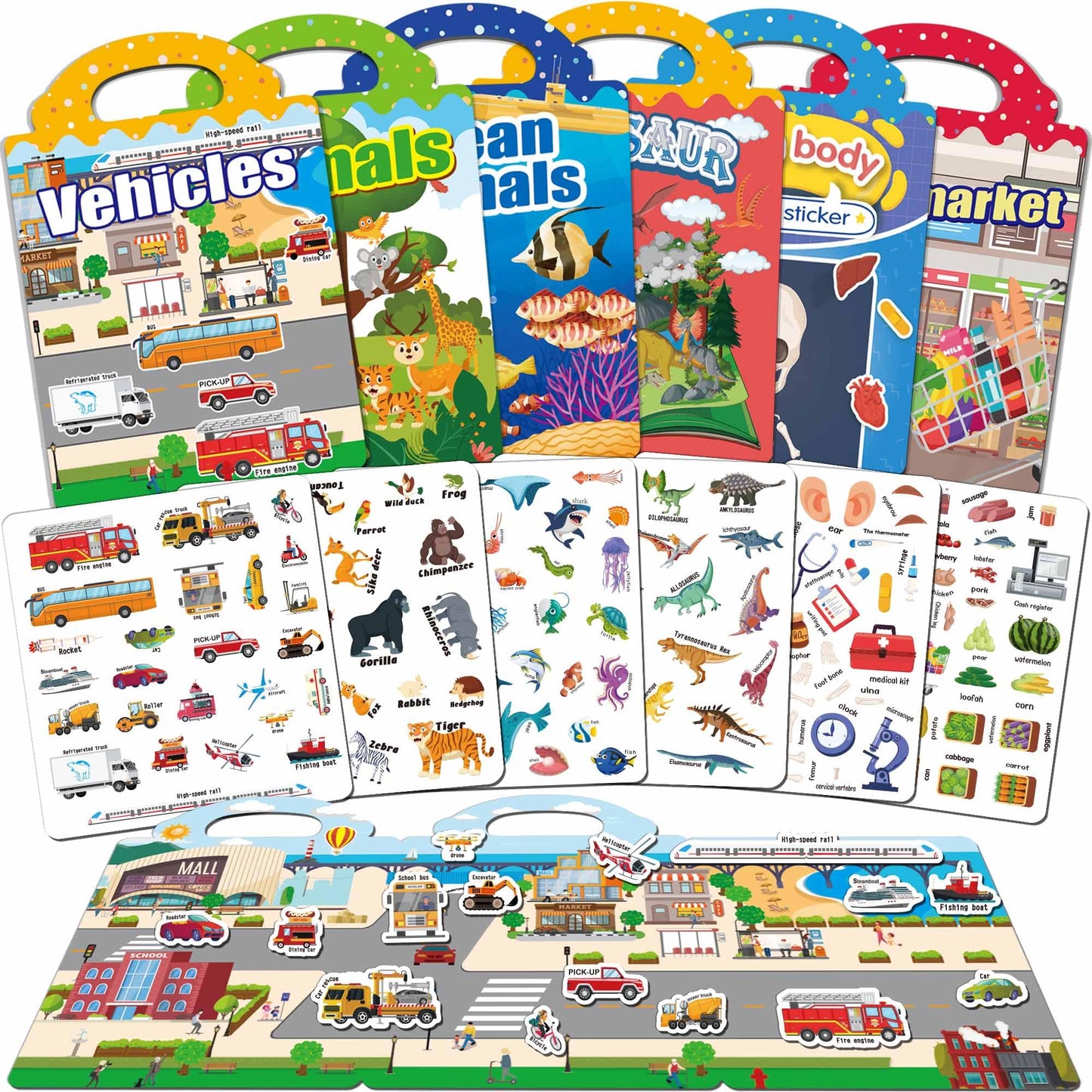 iGetooy Reusable Sticker Book, 6 Sets Sticker Book for Kids, Jelly Stickers for Kids, Vehicles, Animals, Ocean, Dinosaurs, Supermarket, Human Body 🍁 All In One Marketplace Canada
