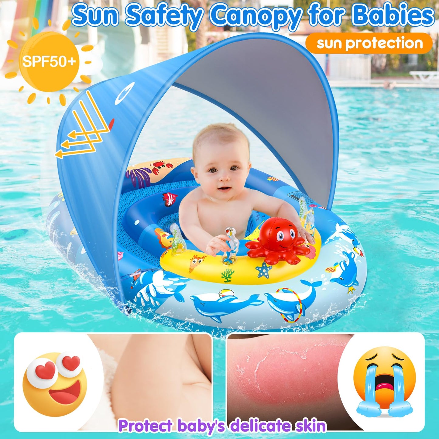 EZIGO Baby Pool Float with Canopy UPF50+ Sun Protection, Inflatable Kids Pool Float with Ocean Animal Toys for Babies 6-36 Months, Infant Swimming Float with Adjustable Safety Seat for Boys Girls 🍁 All In One Marketplace Canada