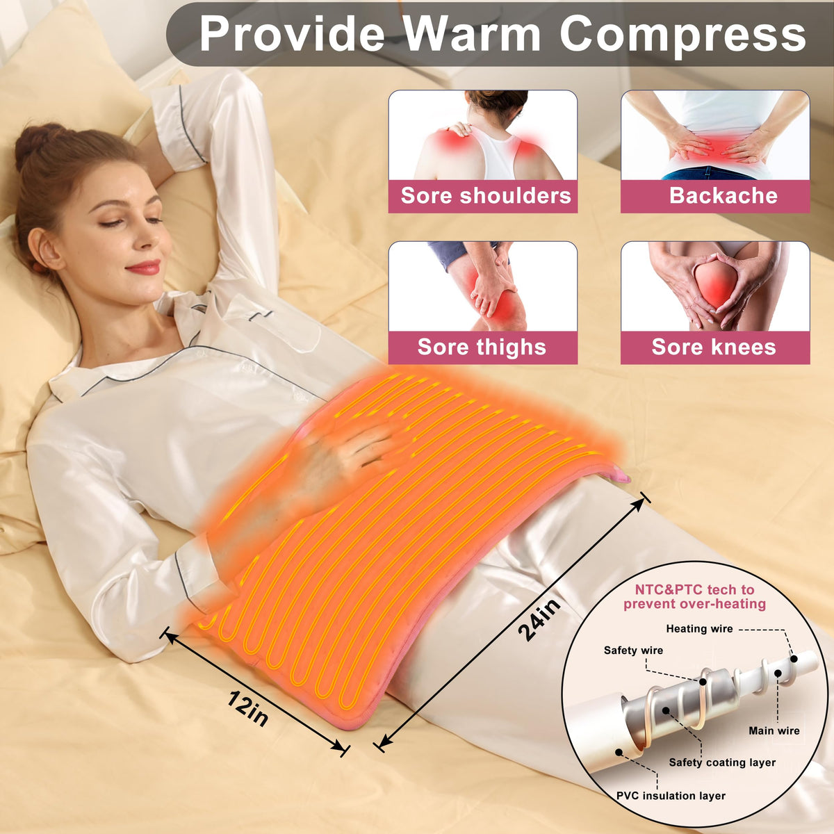 Heating Pad Electric Heat Pad, Hot Heated Pad,Moist Heat Heating Pad Moist and Dry Heat,Multiple Temp and Timer Settings (Light pink, 24"X12") 🍁 All In One Marketplace Canada