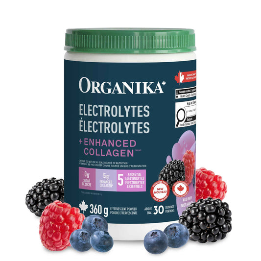 Organika Canadian-Made Electrolytes + Enhanced Collagen - Daily Hydration Powder with 5g of Collagen for Hair, Skin and Nails, 100% of Daily Vitamin C, Wildberry Flavour, 360 g, 30 Servings 🍁 All In One Marketplace Canada