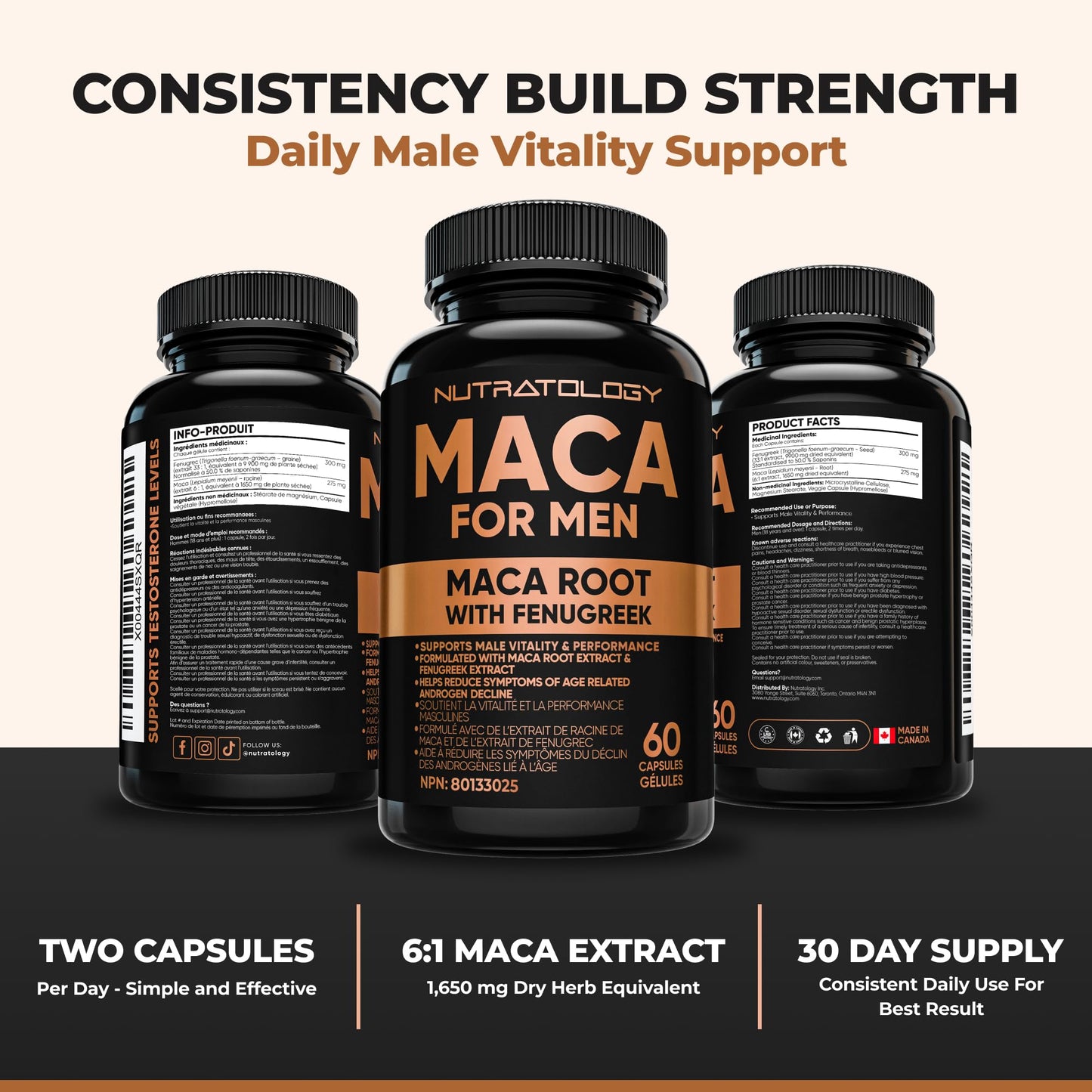 Nutratology® Maca for Men | Canadian Made | Helps Increase Stamina & Energy | Formulated with a 6:1 Extract & 33:1 Fenugreek Extract | Maca Root With Fenugreek Supplement for Men | 60 Capsules 🍁 All In One Marketplace Canada