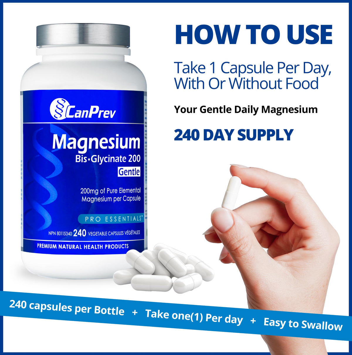 CanPrev Magnesium Bis-Glycinate 200mg Gentle, 240 Veg Caps, Well-Absorbed Complex for Daily Calm & Restful Sleep, Muscle Function, 240 Day Supply 🍁 All In One Marketplace Canada