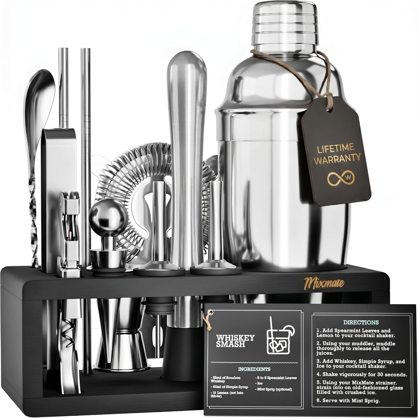 Mixology Bartender Kit with Stand | 15 Piece Bar Tool Set, Silver Bar Set Cocktail Shaker Set for Drink Mixing - Includes Martini Shaker, Jigger, Strainer, Bar Mixer Spoon, Tongs | Gift Idea (Silver) 🍁 All In One Marketplace Canada
