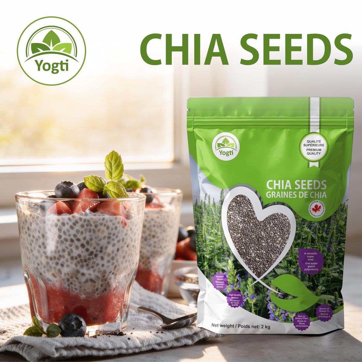 Yogti Black Chia Seeds - Jumbo Pack 2 Kilo, Raw Plant Based SuperFood, Natural, Keto Friendly, Kosher, Halal, Vegan, Source of Omega-3, Nutrient Dense, High Fiber, Rich in Magnesium, A Versatile Superseed for Smoothies, Baking, Salads, and Chia Pudding, R
