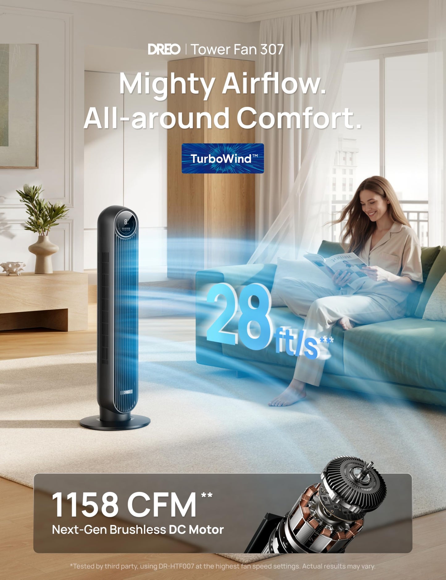 DREO Tower Fan for Bedroom, 2026 Upgraded DC Motor, 28ft/s High Velocity, 20dB Ultra Quiet Standing Fan, 8 Speeds 4 Modes, 90° Oscillating Bladeless Fan for Indoors, Floor Fans with Remote, Black 🍁 All In One Marketplace Canada