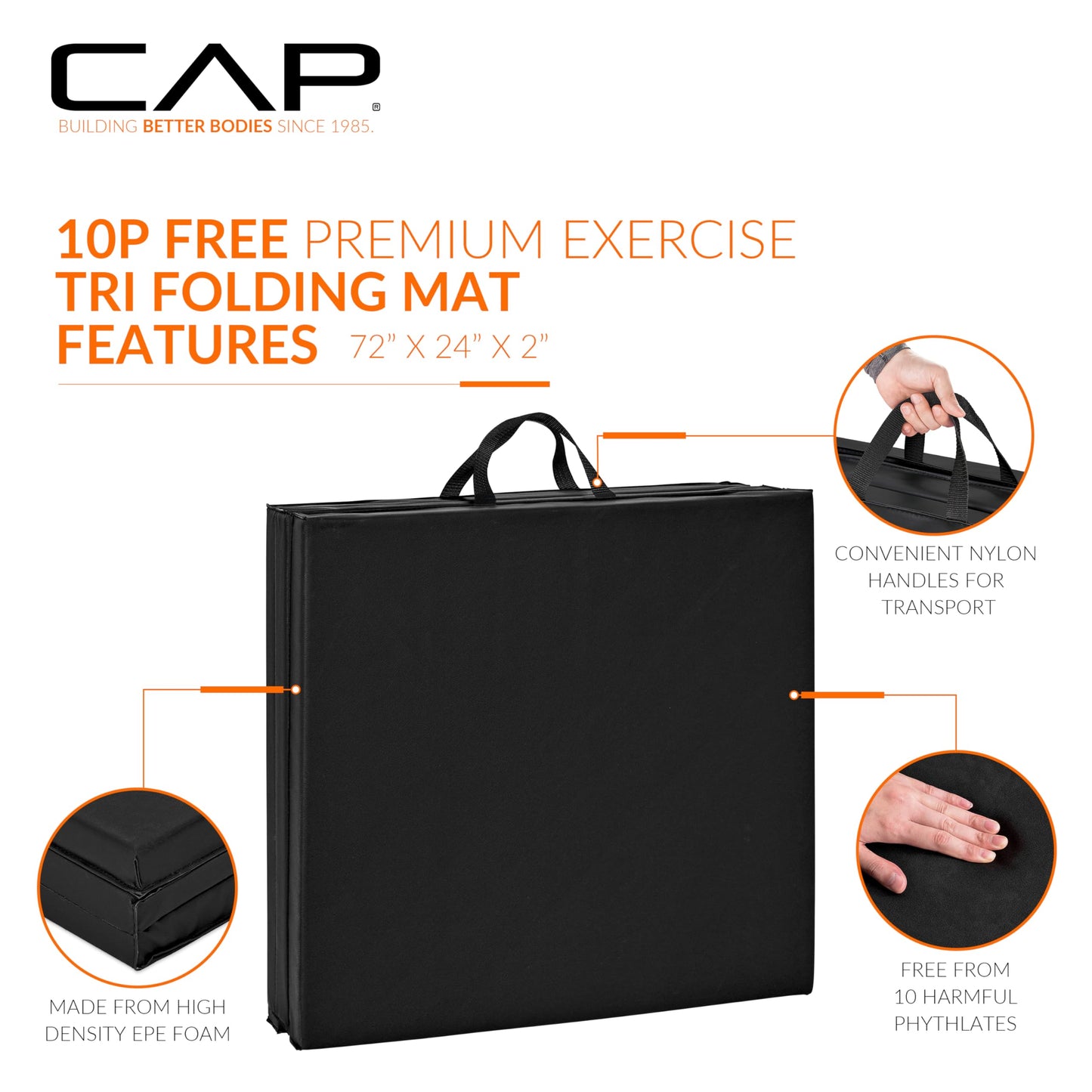 CAP Barbell Folding Exercise Mat – Durable, Anti-Tear, Thick Padding for Fitness, Aerobics, Gymnastics & Home Workouts. 72"L x 24"W x 2"Thick. BLACK 🍁 All In One Marketplace Canada