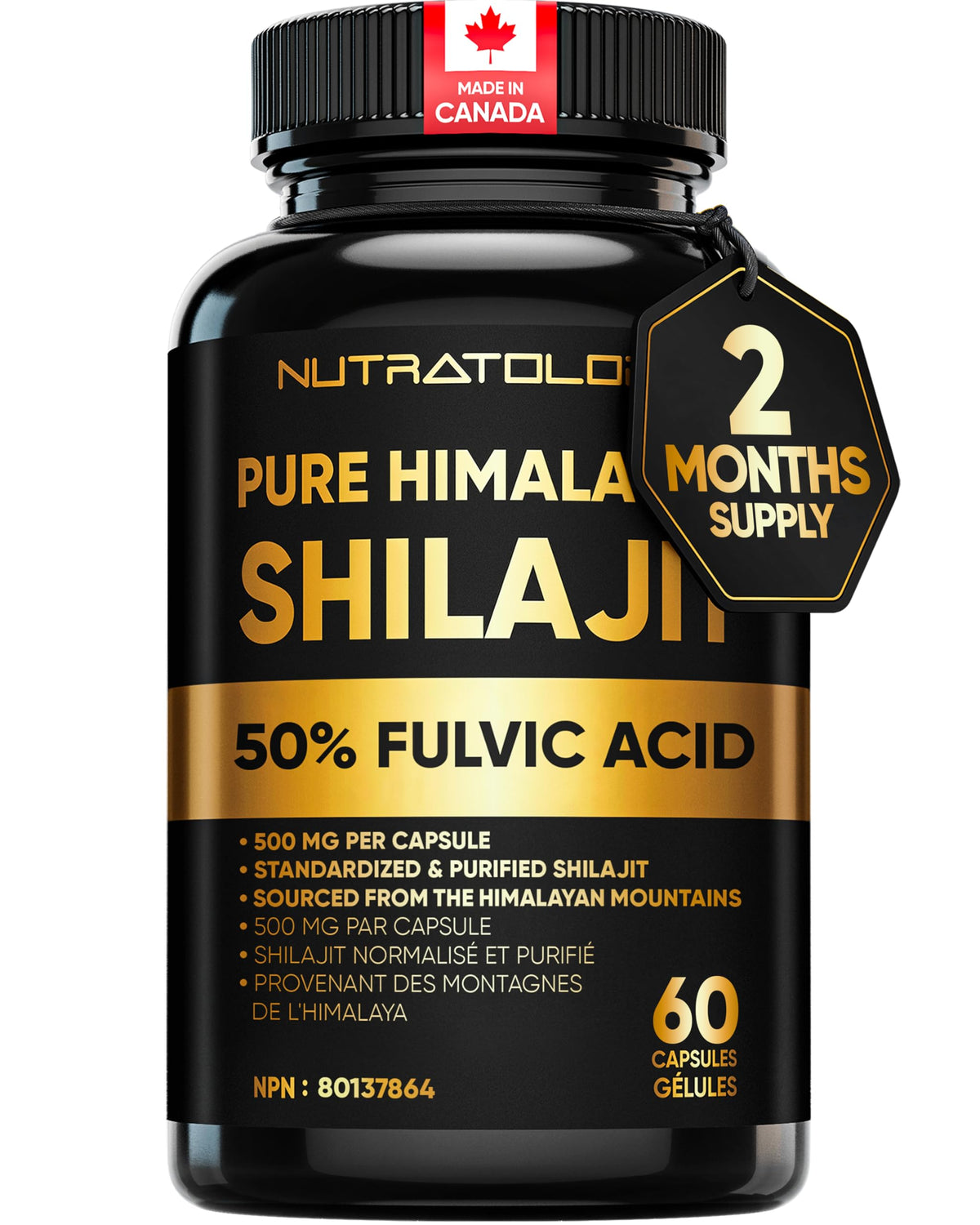Nutratology® Pure Shilajit Capsules | 50% Fulvic Acid | High Potency & Purity - Sourced from the Himalayan Mountains - Shilajit for Men & Women - 60 Count 🍁 All In One Marketplace Canada