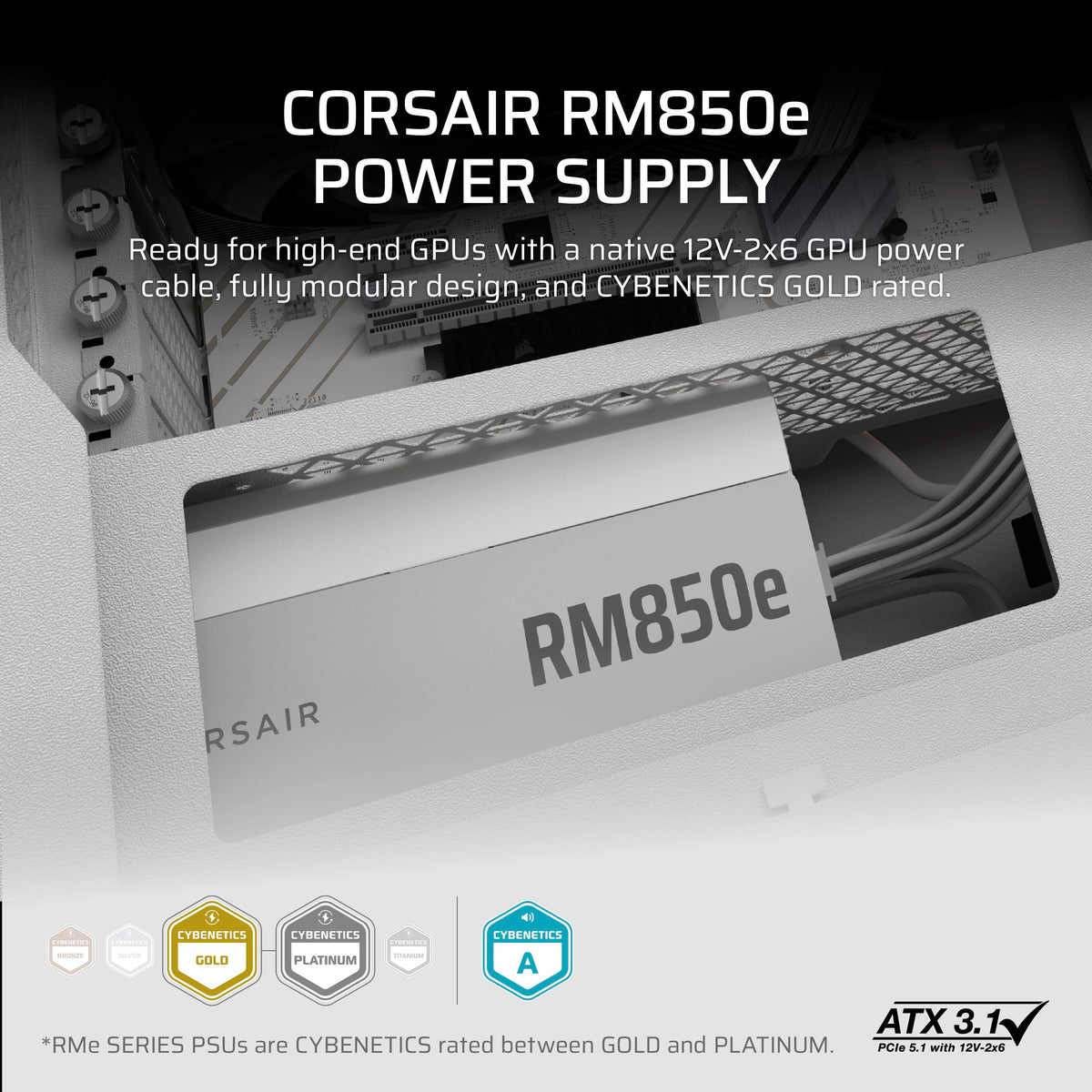 CORSAIR RM850e (2025) Fully Modular Low-Noise ATX Power Supply with 12V-2x6 Cable – ATX 3.1 & PCIe 5.1 Compliant, Cybenetics Gold Efficiency, 105°C-Rated Capacitors, Modern Standby Mode – White 🍁 All In One Marketplace Canada