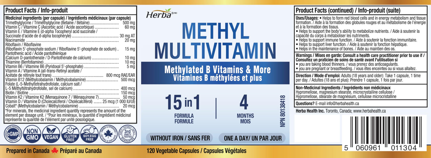 Herba Methylated Multivitamin with 500mg TMG & Methylated B Complex - 120 Capsules | 15 in 1 Formula | B Complex Vitamins for Women & Men including Methyl Folate Supplement | Vegan | Made in Canada 🍁 All In One Marketplace Canada