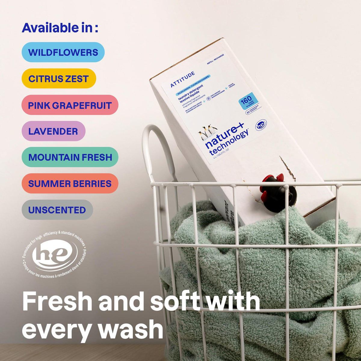 ATTITUDE Liquid Laundry Detergent Refill, EWG Verified, HE Compatible, Plant-Based & Vegan, Natural Laundry Soap, Made in Canada, Wildflowers Scent, 160 Loads, 4 Liters 🍁 All In One Marketplace Canada