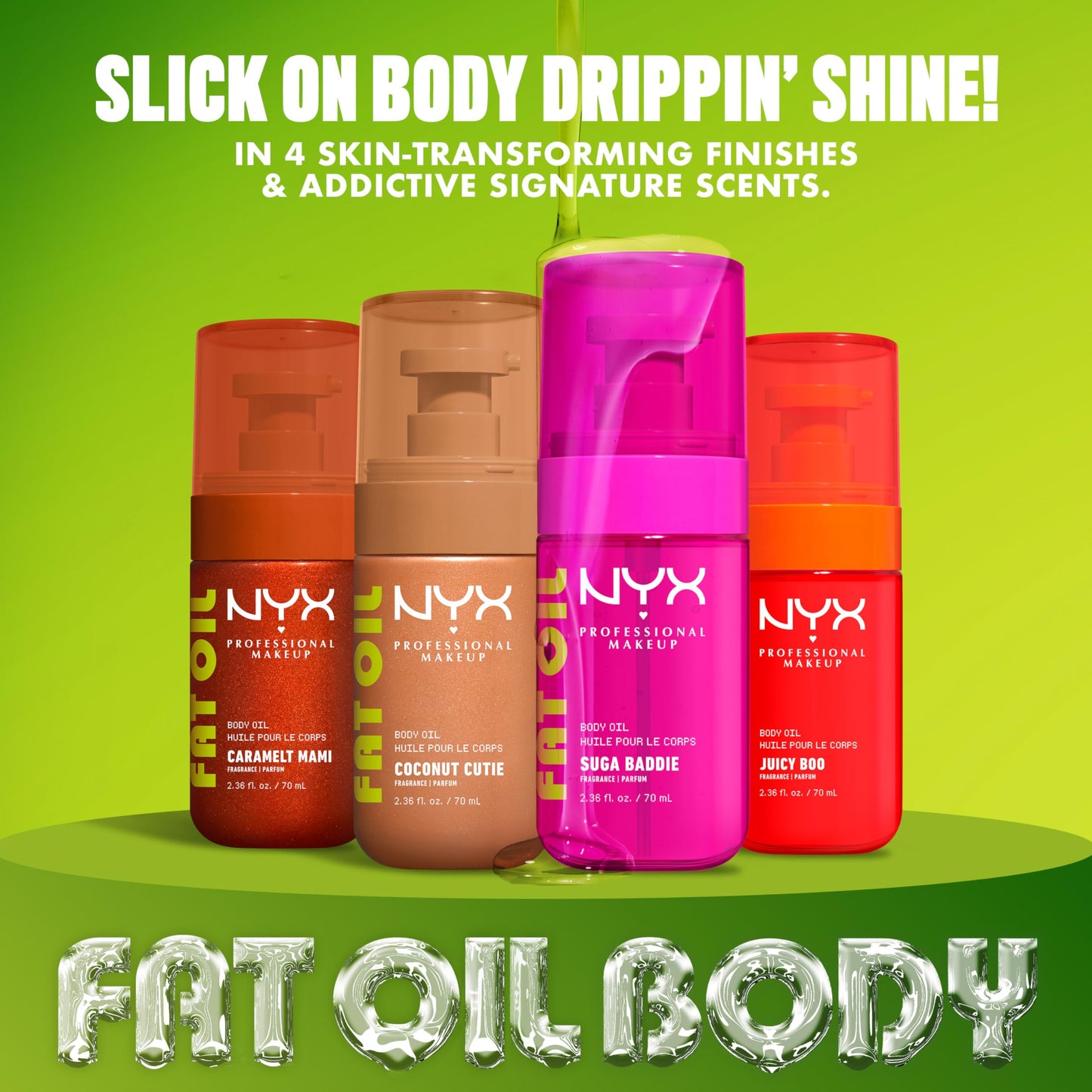 NYX Professional Makeup Fat Oil Body Oil, 24 HR Hydration, Bronze Glowy Finish, Non-Sticky High-Shine Vegan Formula, Shimmering Skin Glow, Caramelt Mami: Caramel & Pistachio Scent, 70 ml 🍁 All In One Marketplace Canada