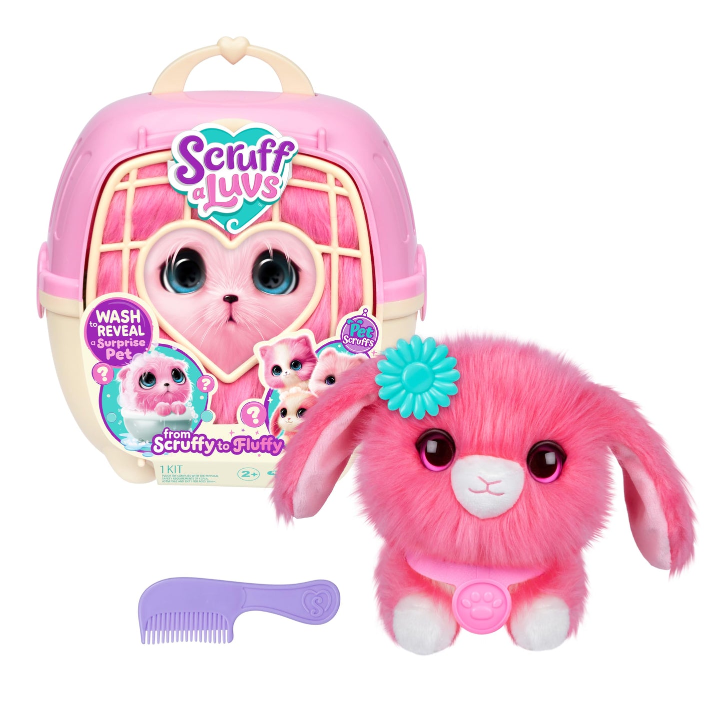 ScruffaLuvs Pet Scruffs Pink - Mystery Plush Toy, 7.5" Tall - Wash to Reveal 1 of 3 Rescue Pets: Puppy, Bunny, or Kitty - Includes 8.7" Deluxe Pet Carrier 🍁 All In One Marketplace Canada