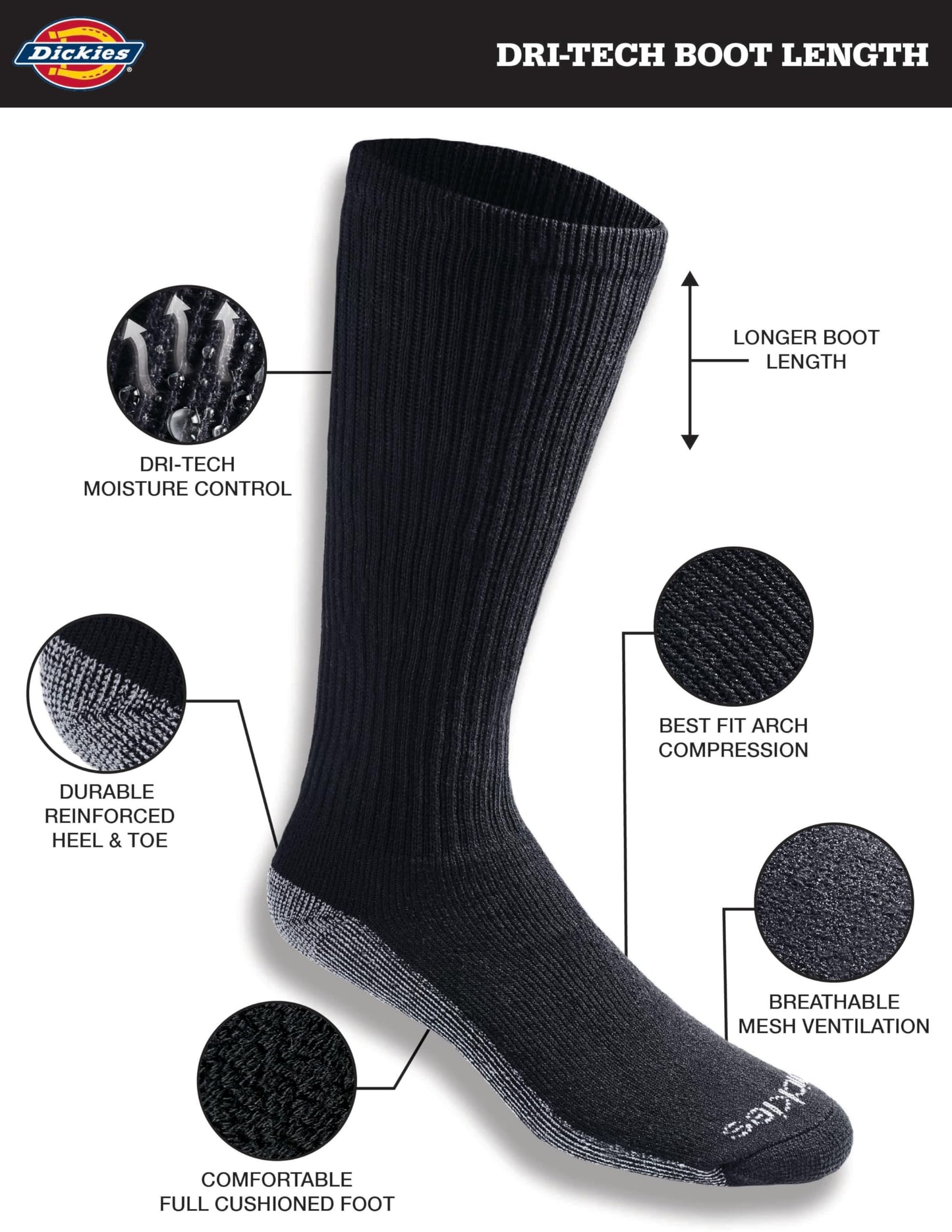 Dickies Men's Multi-Pack Dri-tech Moisture Control Boot-Length Socks, Black (6 Pairs), Shoe Size: 6-12 🍁 All In One Marketplace Canada