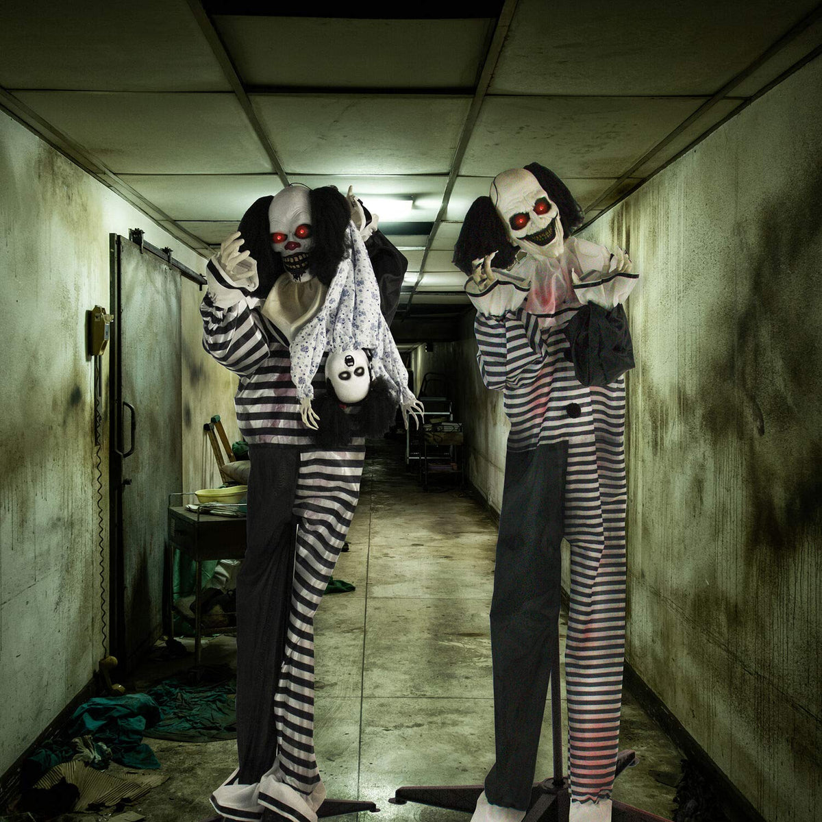 Haunted Hill Farm Life-Size Animatronic Scary Talking Clown with Doll, Motion, Touch Activated Lights, and Sounds, Indoor or Covered Outdoor Halloween Decorations, Battery Operated Halloween Props