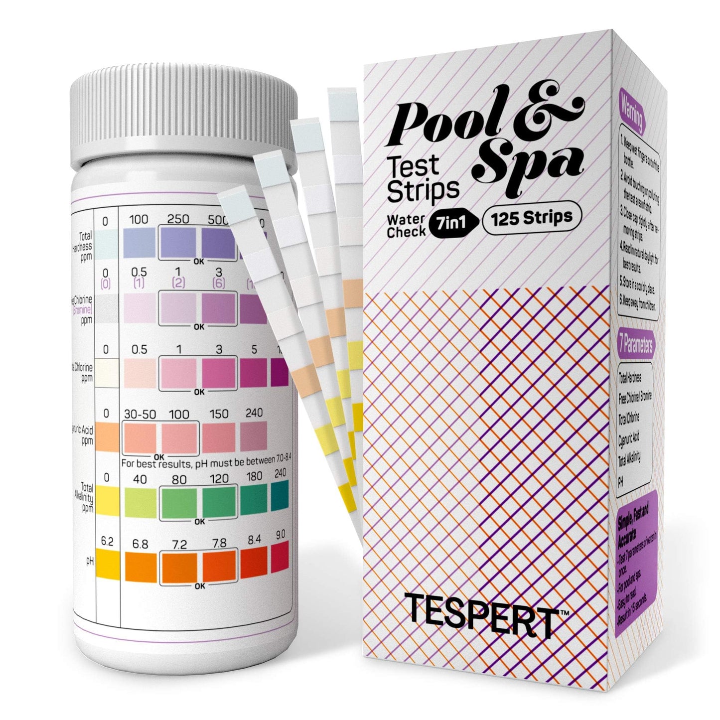 TESPERT Pool and Spa Test Strips Hot Tub Test Strips 7-in-1 125 Strips Pack, Chemistry Test Kit for Test Bromine, Total Alkalinity, pH, Free Chlorine, Total Hardness, Cyanuric Acid, and Total Chlorine 🍁 All In One Marketplace Canada