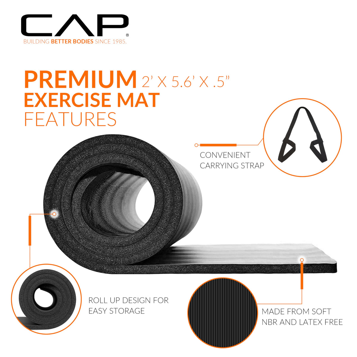 CAP Barbell Yoga Mat 1/2" Thick with Carrying Strap - High Density Exercise Mat for Yoga, Pilates, Stretching, Floor & Fitness Workouts - 68''x24''x1/2" | Black 🍁 All In One Marketplace Canada