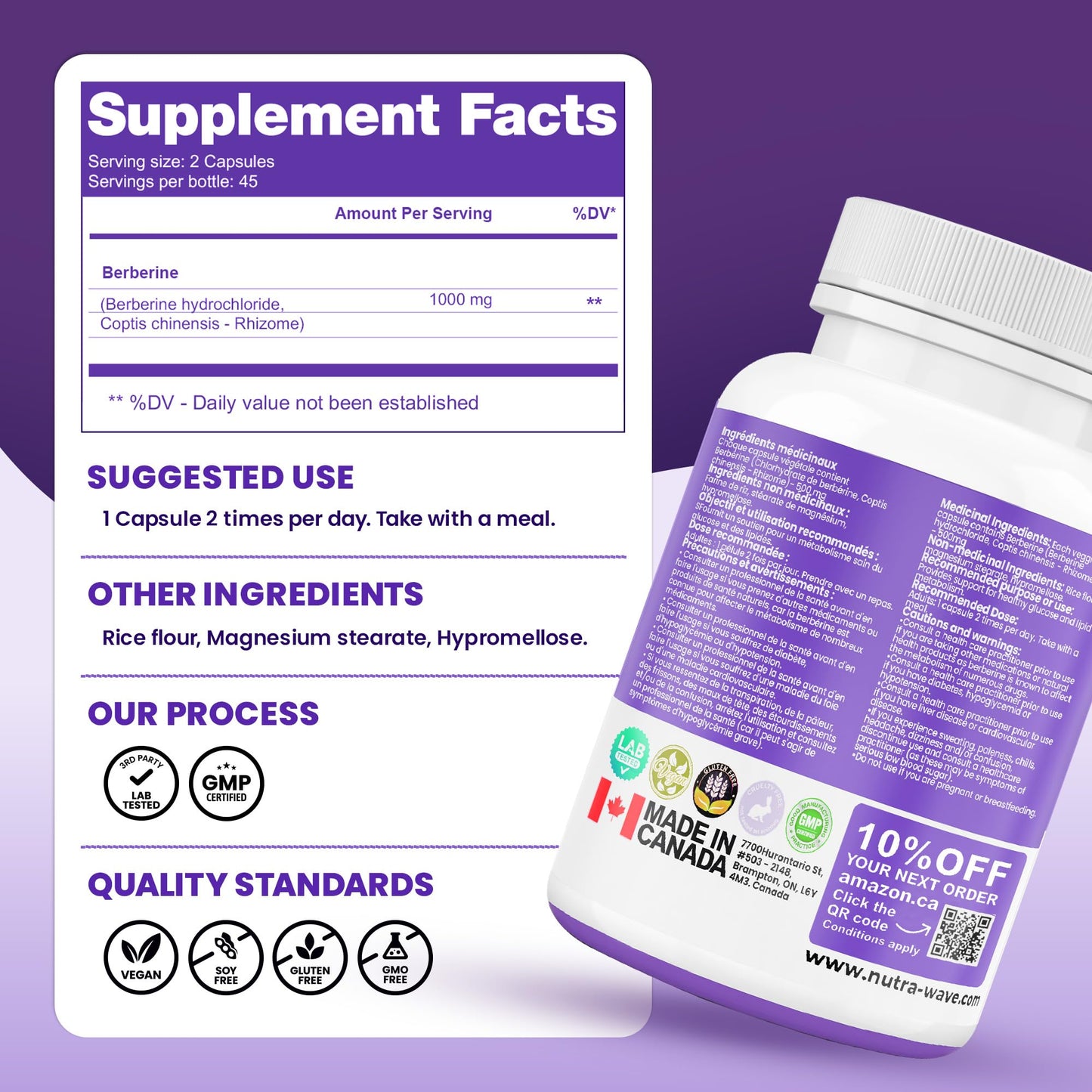 Nutrawave PURE Berberine MAXIMUM POTENCY 1000mg per Serving (2 capsules 500mg each) Supports Blood Sugar Levels, Healthy Lipid (Fat) and Glucose Metabolism. Non-GMO, Vegan, Gluten Free. 90 Easy to Swallow Capsules- 2 pack 🍁 All In One Marketplace Canada