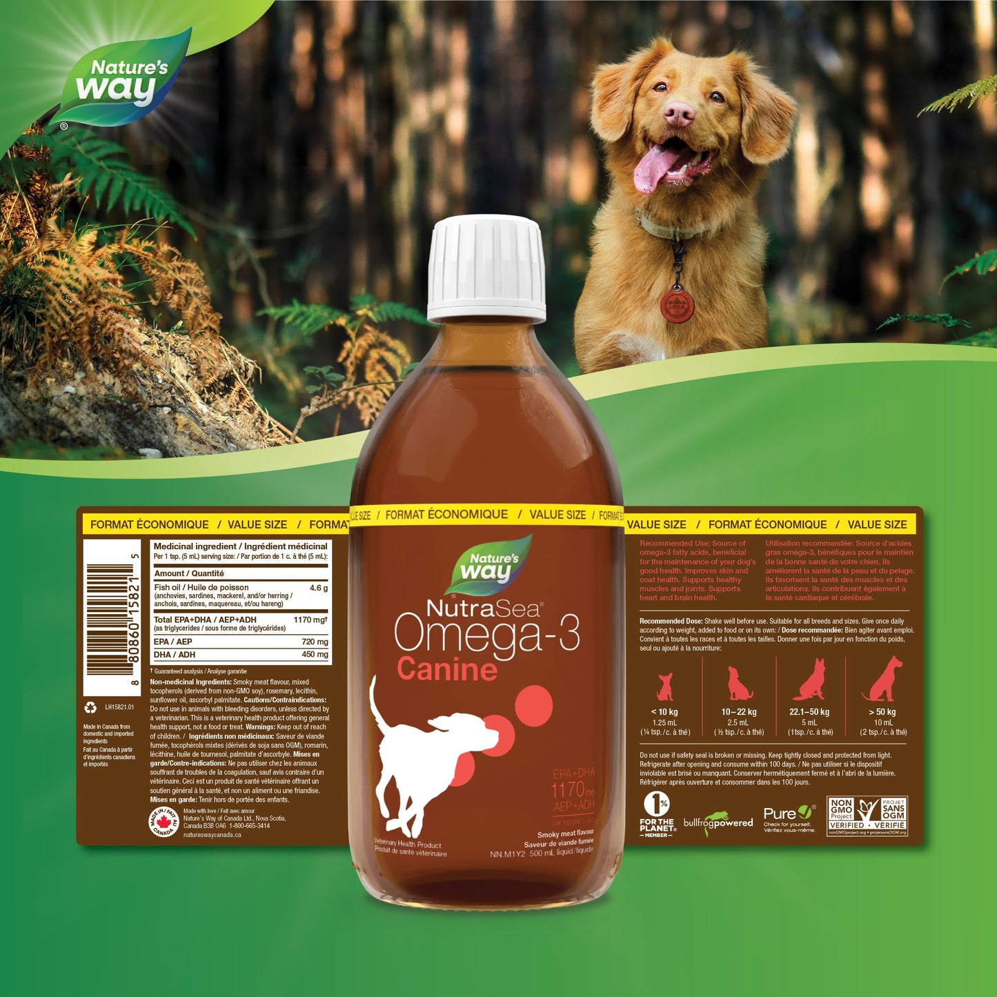 Nature’s Way NutraSea Omega-3 Canine Supplement for Dogs – Helps Support Dogs’ Skin, Coat, Muscles, Joints, Heart & Brain – 1170 mg of EPA + DHA – Smoky Meat Flavour, 500 mL 🍁 All In One Marketplace Canada