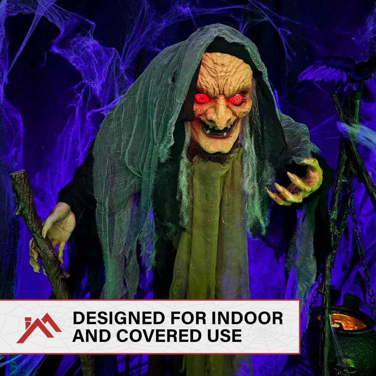 Haunted Hill Farm Life-Size Scary Poseable Talking Witch, Halloween Animatronic with Touch Activated Lights and Sound, Battery Operated Indoor or Covered Outdoor Halloween Decorations, Halloween Prop