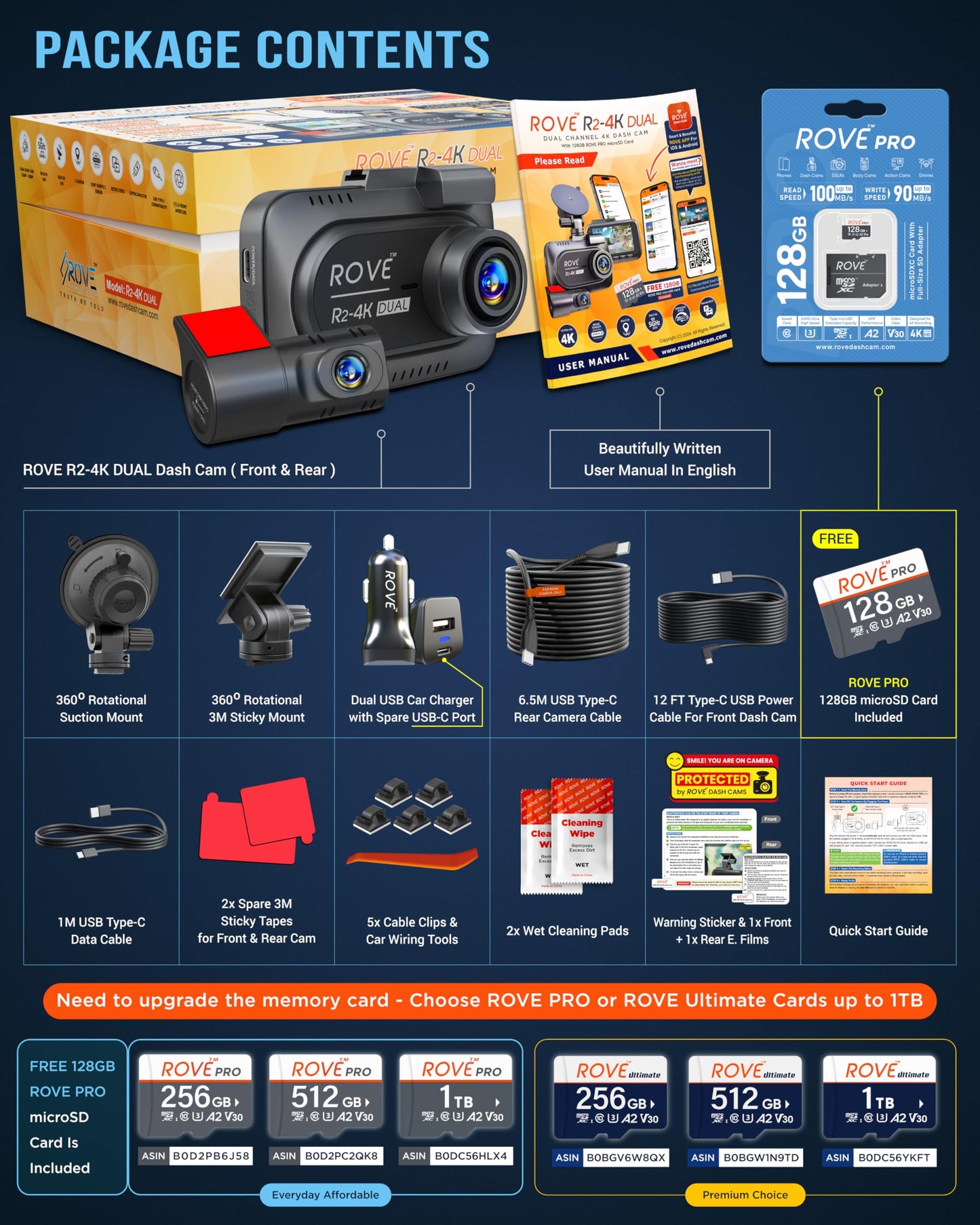 ROVE R2-4K DUAL Dash Cam Front and Rear, STARVIS 2 Sensor, FREE 128GB Card Included, 5G WiFi - up to 20MB/s Fastest Download Speed with App, 4K 2160P/FHD Dash Camera for Cars, 3" IPS, 24H Parking Mode 🍁 All In One Marketplace Canada