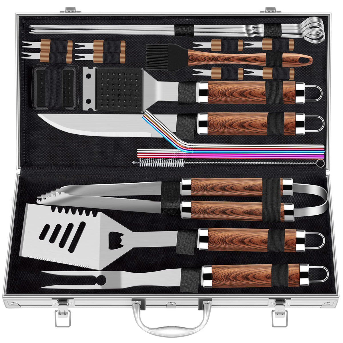 ROMANTICIST 25pcs Extra Thick BBQ Grill Accessories, Father's Day Grilling Gifts Set for Men Dad, Heavy Duty Grill Tools Utensils Kit with Spatula, Tongs in Aluminum Case for Birthday Brown 🍁 All In One Marketplace Canada