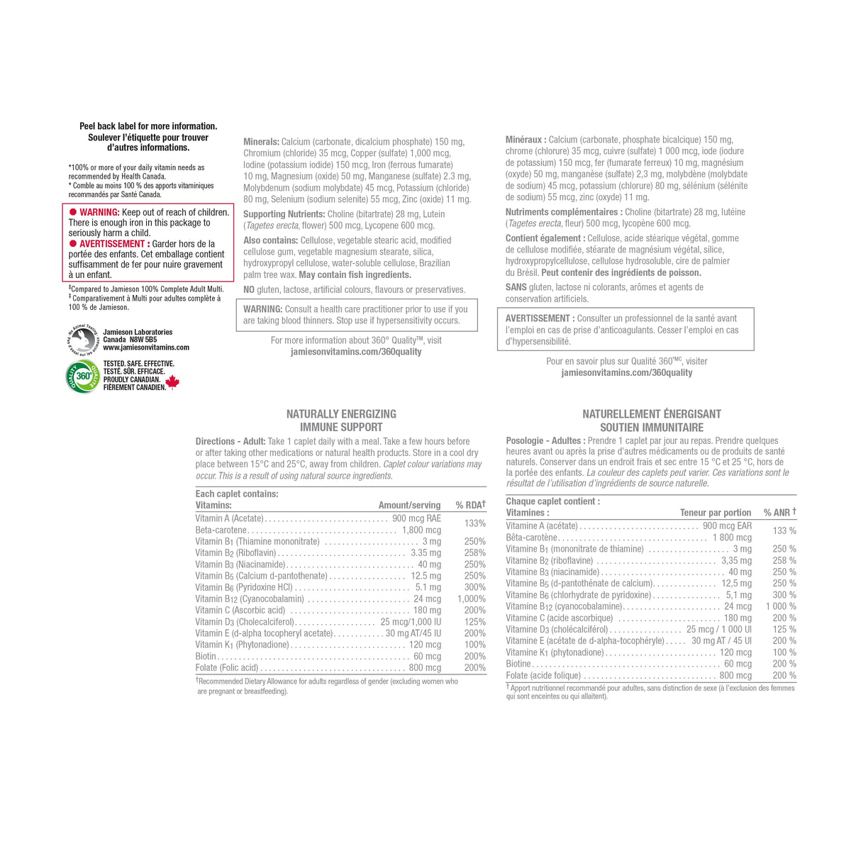 Jamieson 100% Complete Multivitamin Max Strength, with Higher Concentrations of Vitamin B, Vitamin C, and Vitamin D. Supports Immunity, Energy, and Overall Health, Gluten-Free, One Per Day, 115 Caplets 🍁 All In One Marketplace Canada