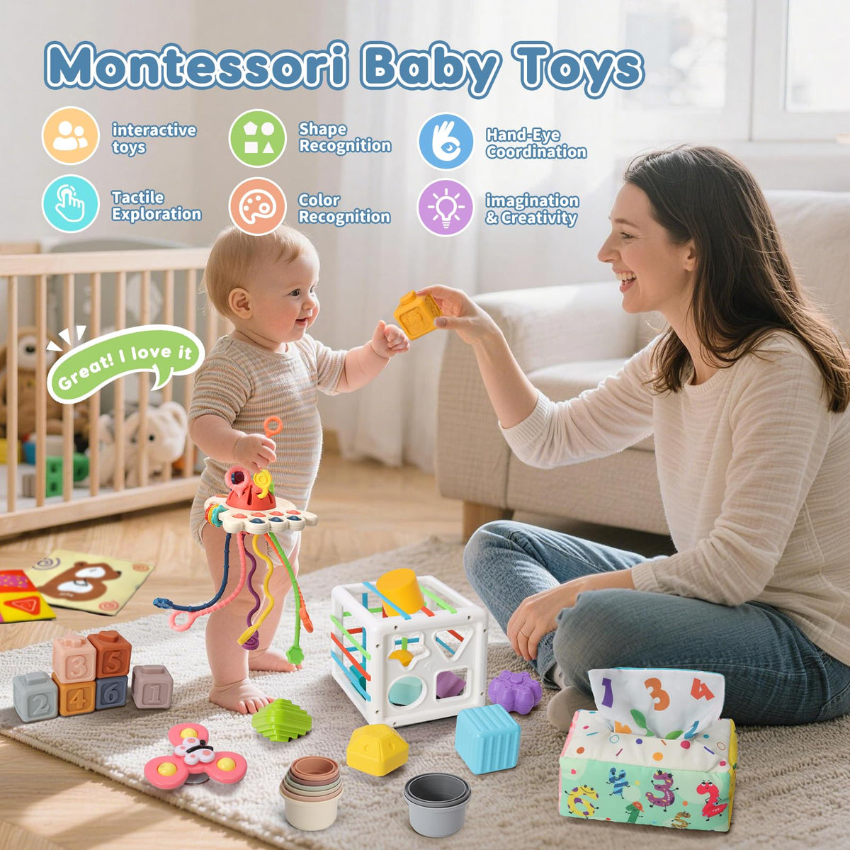 6 in 1 Baby Montessori Toys for 6-12 Months, Montessori Toys for Babies Incl Pull String Toy, Stacking Cups, Tissue Box Toy, Suction Cup Spinner Toys, Stacking Blocks, Activity Cube Gift for Boy Girl 🍁 All In One Marketplace Canada