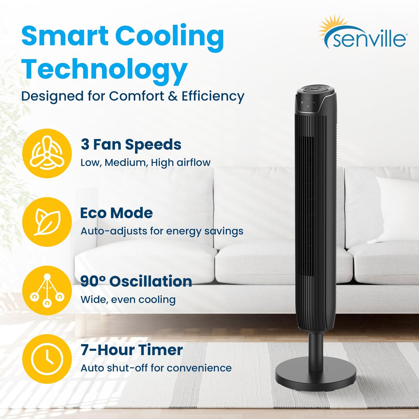 Senville 42" Oscillating Tower Fan for Bedroom, Remote, Bladeless, Quiet, 3 Modes, 7-Hour Timer, LED Display, Black 🍁 All In One Marketplace Canada