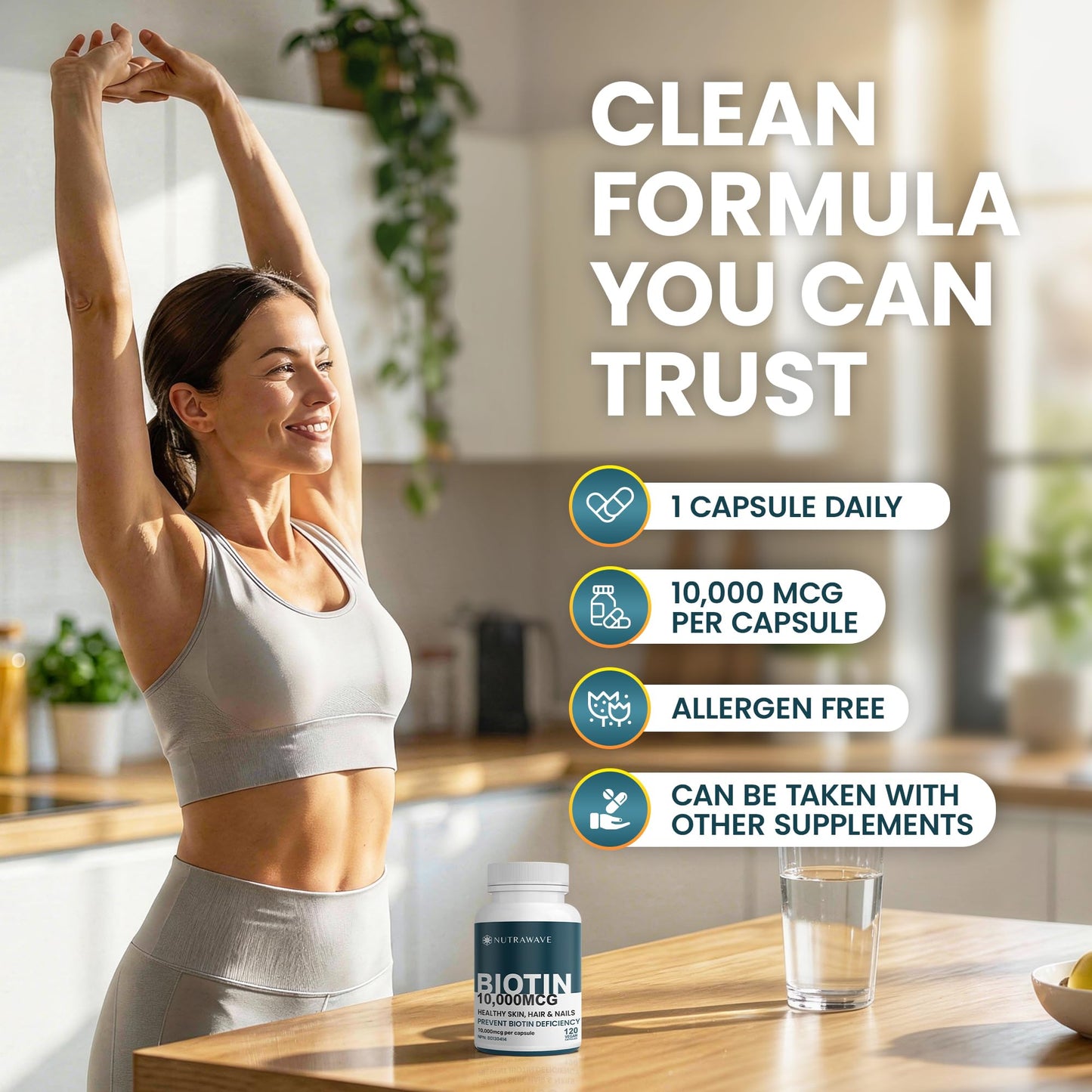 Nutrawave Extra Strength Biotin 10000mcg – Biotin for Hair Growth, Lush Hair, Glowing Skin & Strong Nails, Ideal for Women & Men, Non-GMO, Vegan, Gluten-Free. 120 Capsules 🍁 All In One Marketplace Canada