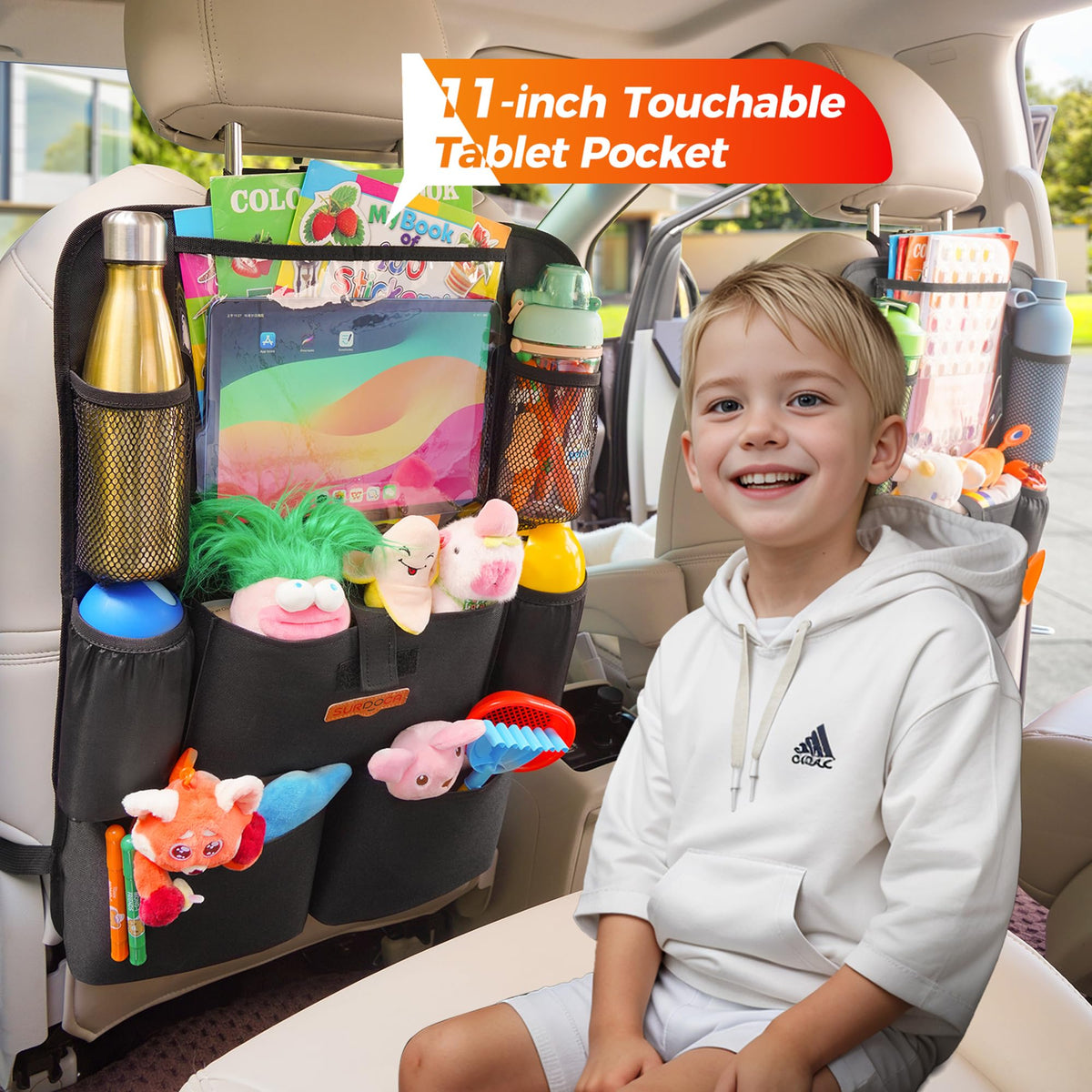 SURDOCA Car Seat Organizer with 11Inch Tablet Holder,8 Pockets,4th Gen Road Trip Essentials for Kids,Backseat Organizer Protectors Storage Accessories 🍁 All In One Marketplace Canada