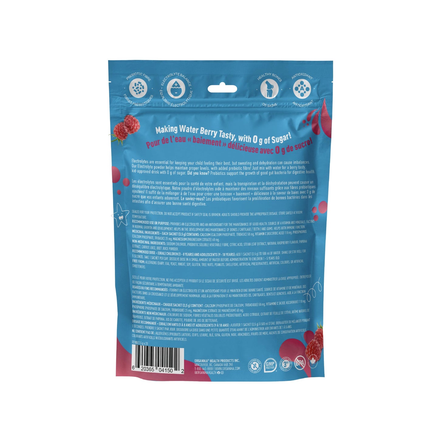 Organika Kids Electrolytes Powder Sticks - Sugar-Free Hydration + Immune support with 100% of daily Vitamin C, Minerals and Prebiotic Fibre | Raspberry Rush Flavour - 3.5g x 20 sachets 🍁 All In One Marketplace Canada