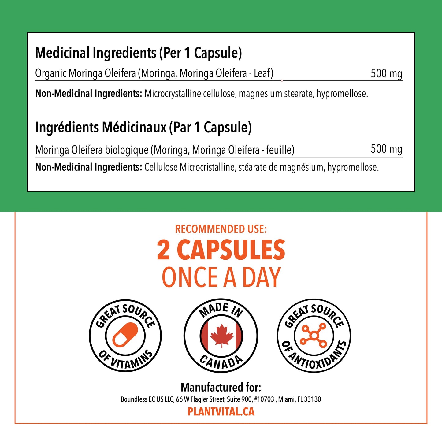 PlantVital Organic Moringa Leaf Capsules - Made in Canada - 1000mg High Potency (500mg per cap) Moringa Pure Capsules for Antioxidant, and Eye Health - Vegan, Non-GMO, Gluten Free (120 Count, 60 Days) 🍁 All In One Marketplace Canada