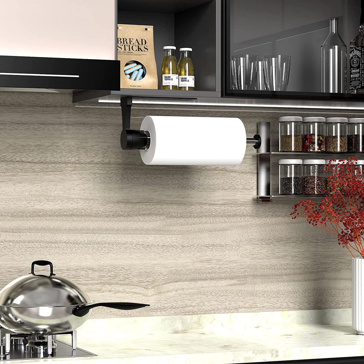VEHHE Paper Towel Holder Under Cabinet with Ratchet System, Single Hand Operable Paper Towel Holder Wall Mount with Damping Effect, Self-Adhesive Papers Towels Holders or Drilled for Kitchen (Black) 🍁 All In One Marketplace Canada