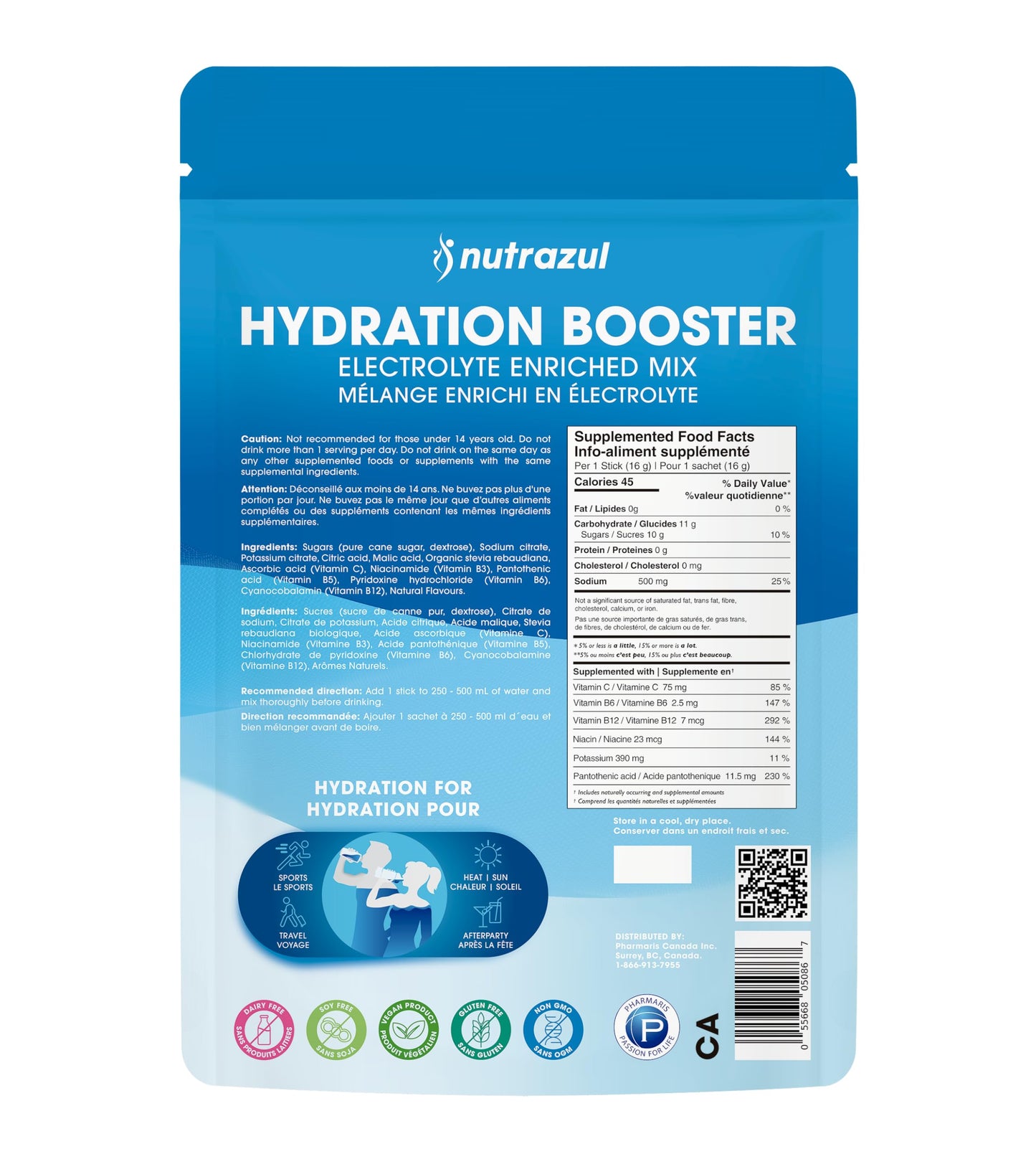 Nutrazul Hydration Booster, Electrolytes Powder Sticks with Sodium, Potassium, Vitamin B6 & B12, No Artificial Sweeteners, Acai Berry, Lemon Lime, Passion Fruit Flavour, 30 Sticks 🍁 All In One Marketplace Canada