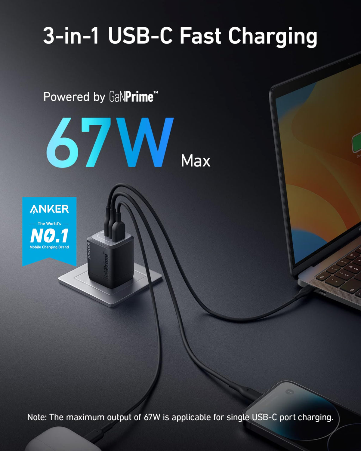 Anker Prime 67W USB C Charger, Anker GaN 3-Port Compact Fast PPS Wall Charger, for MacBook Pro/Air, Pixelbook, iPad Pro, iPhone 17/16/15/Pro, Galaxy S25/S24, Note20, Pixel, Apple Watch 🍁 All In One Marketplace Canada