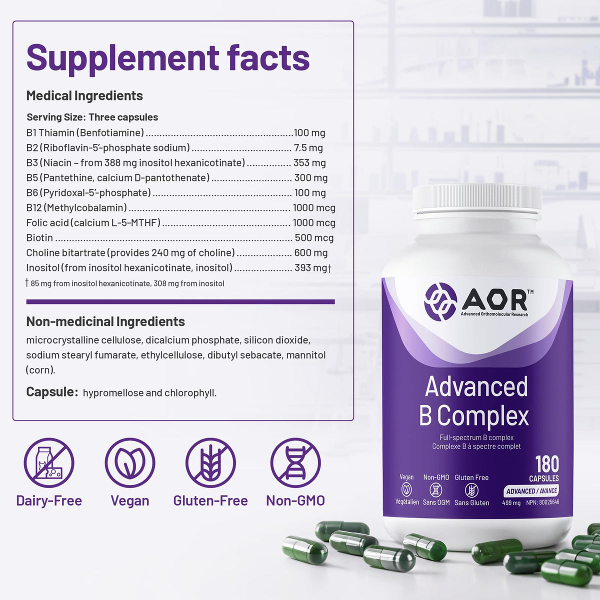 AOR Advanced B Complex Capsules, 180 Count 180-Day Supply - Full-Spectrum B Vitamin Blend with B1, B2, B3, B5, B6, B12, Inositol, Folic Acid & Biotin - Vegan, Non-GMO & Gluten-Free - Promotes Energy 🍁 All In One Marketplace Canada