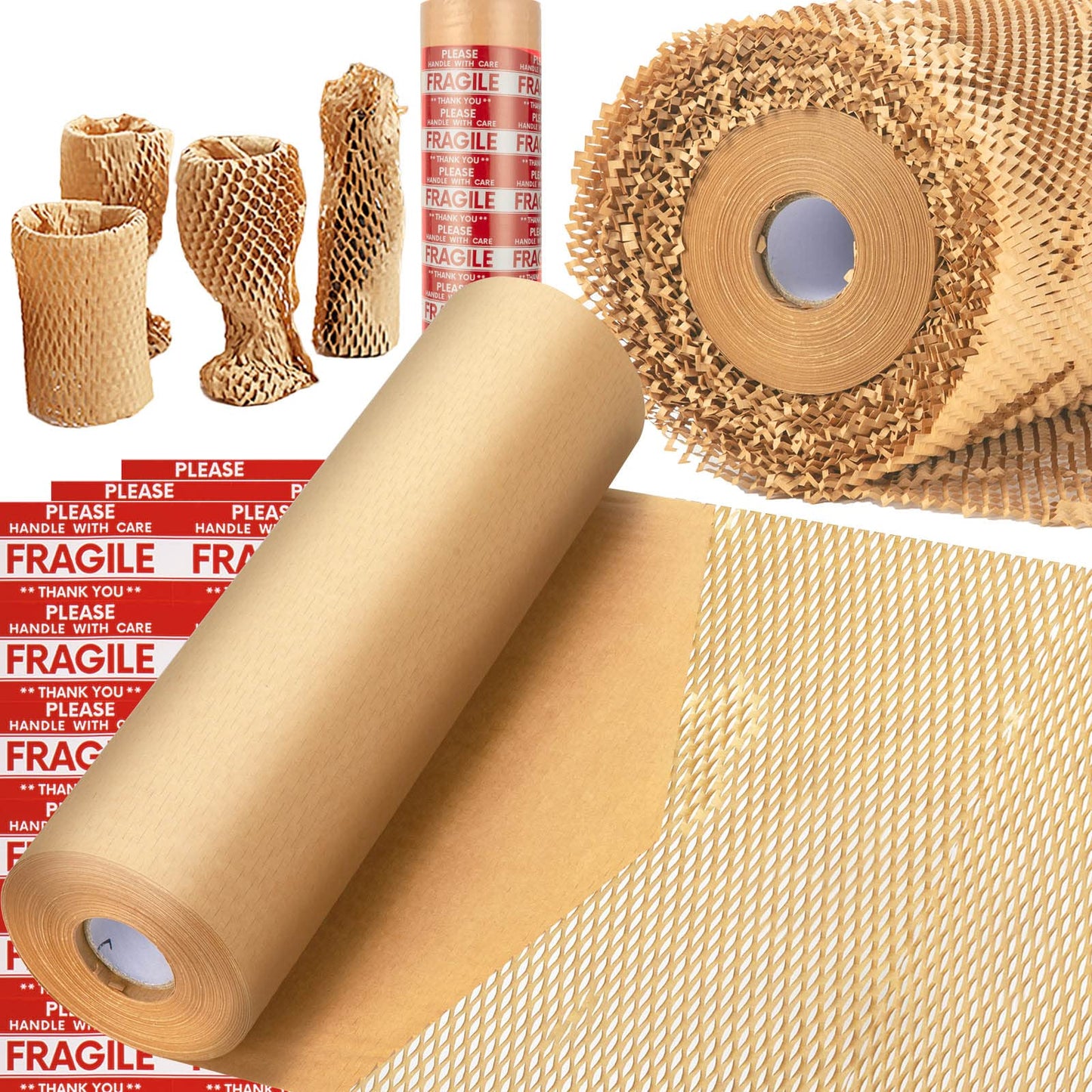 Honeycomb Packing Paper, MINHAO 15"x230' Eco Friendly Packing Paper for Moving Recyclable Honeycomb Paper Moving Supplies Bubble Wrapping Protective Roll, With 36 Fragile Sticker Labels 🍁 All In One Marketplace Canada