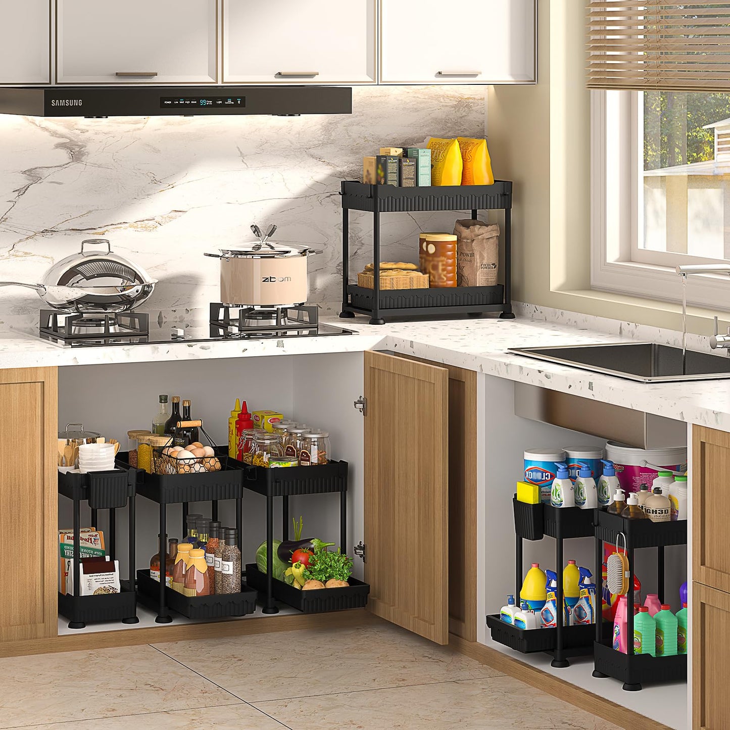Sevenblue 4 Pack Under Sink Organizer and Storage,Bathroom Organizers, Multi-Use Under Sink Organizer for Bathroom and Kitchen with Sliding Drawer, Hang Hooks and Cup (Black, L) 🍁 All In One Marketplace Canada