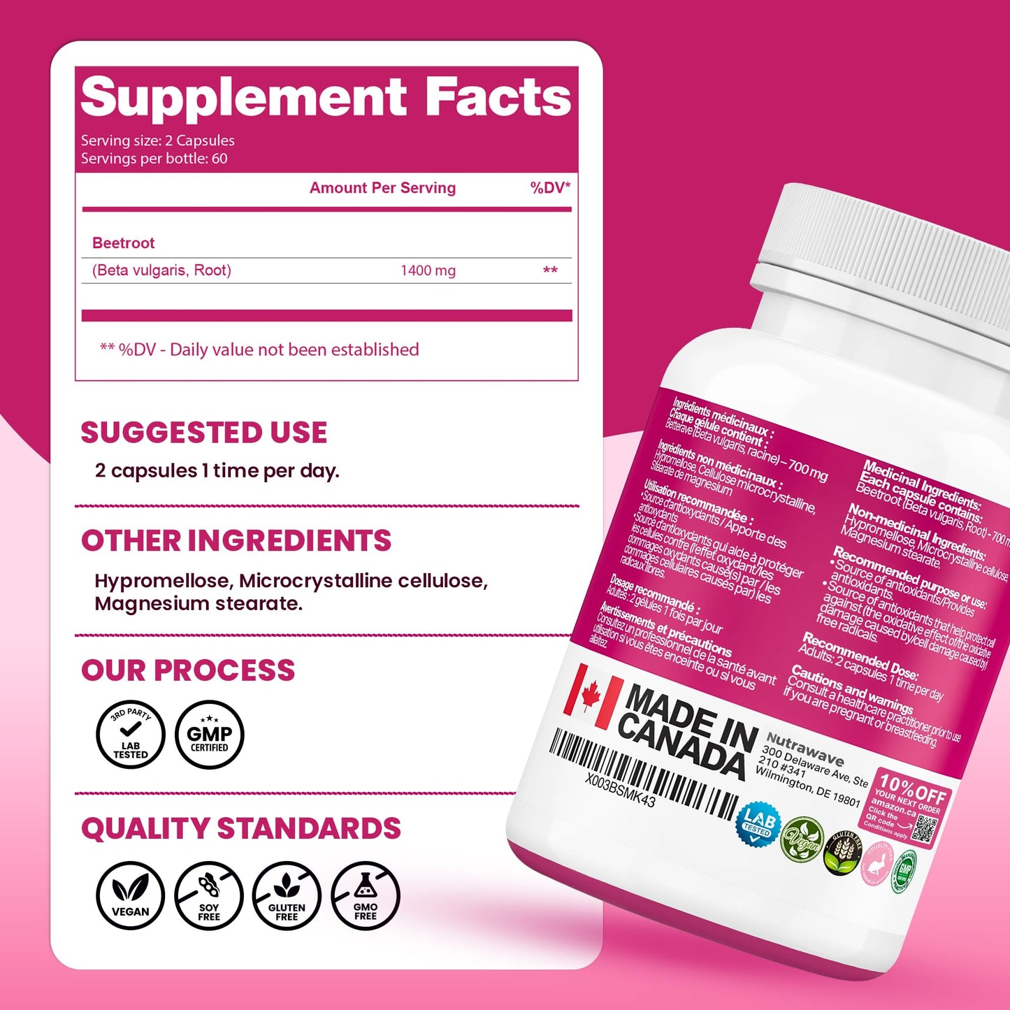 Nutrawave Organic Beetroot Capsules 1400mg – High Potency Nitric Oxide Booster for Energy, Heart & Brain Health – 120 Vegan, Non-GMO Beta Vulgaris Supplements – Raw Beet Root Powder with Vitamins & Antioxidants 🍁 All In One Marketplace Canada