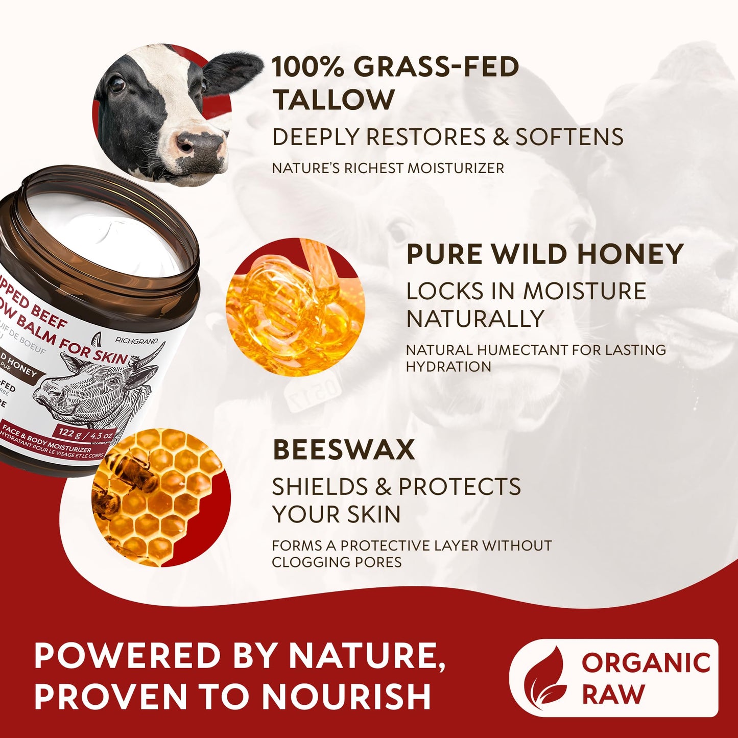 Beef Tallow Face Cream, Whipped Tallow and Honey Balm for Face and Body, Grass Fed Natural Skincare Moisturizer for Dry and Sensitive Skin, Hydrating Body Butter 🍁 All In One Marketplace Canada