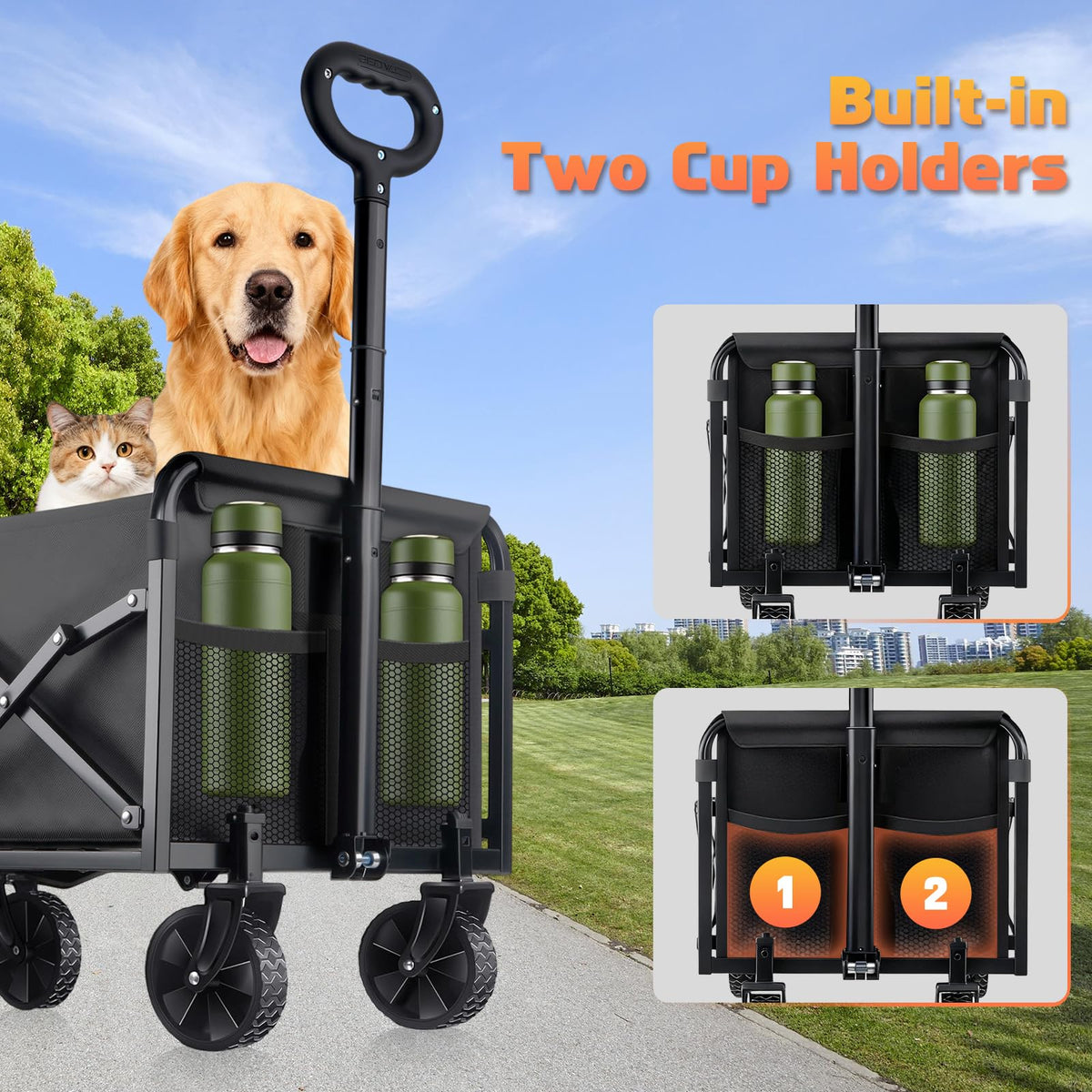 220LBS Collapsible Foldable Wagon Carts - Heavy Duty Portable Folding Utility Wagons with All-Terrain Wheels for Grocery Sports Shopping Camping Garden Beach, 2 Drink Holders/Lightweight/Black 🍁 All In One Marketplace Canada