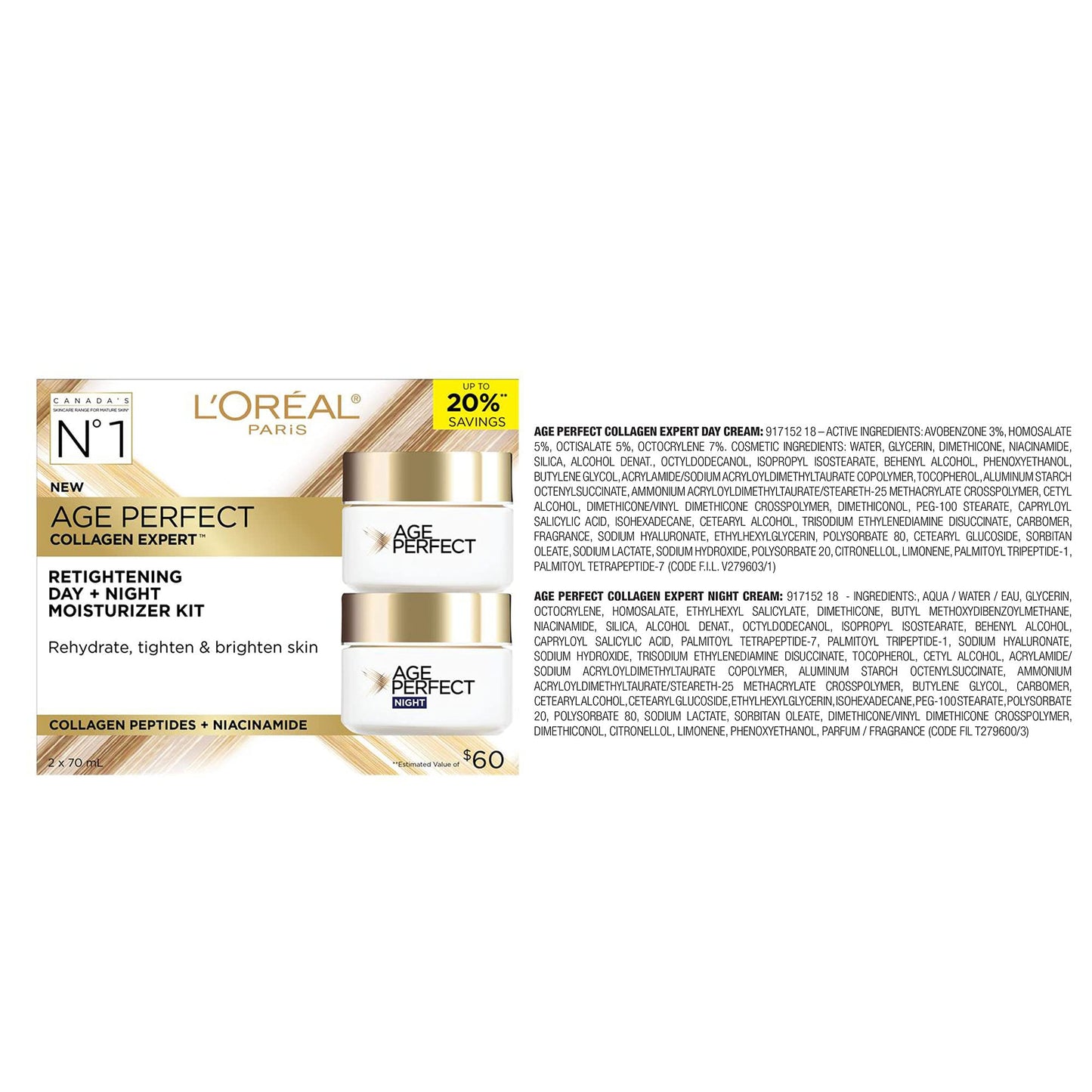 L'Oréal Paris Day & Night Face Moisturizer Cream Skincare Kit (2-Piece), Age Perfect Collagen Expert, with Collagen Peptides + Niacinamides, For Mature Skin, Suitable for Sensitive Skin Skincare kit, 2 x 70 ml 🍁 All In One Marketplace Canada