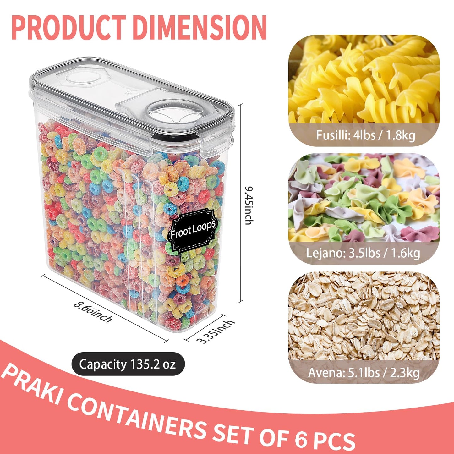 Large Dry Food Storage Containers with Lids, PRAKI 6PCS 4L Airtight Cereal Containers Storage, Leak-proof Canister Set for Kitchen Pantry Organizers and Storage with 20 Labels & Marker 🍁 All In One Marketplace Canada